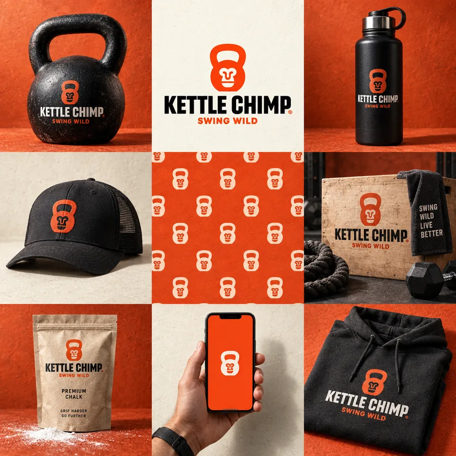 A brand presentation built from the logo: a kettlebell, a bottle, a cap, a pouch, a phone, a hoodie and a pattern