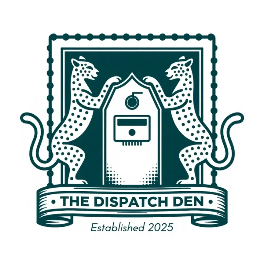 The Dispatch Den badge logo uploaded on a white background