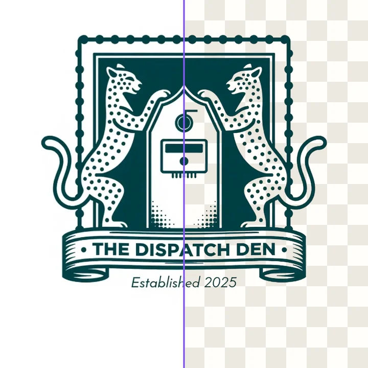 The badge, left half as uploaded and right half with the background removed