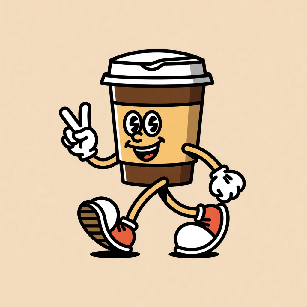 A flat retro coffee cup mascot making a peace sign