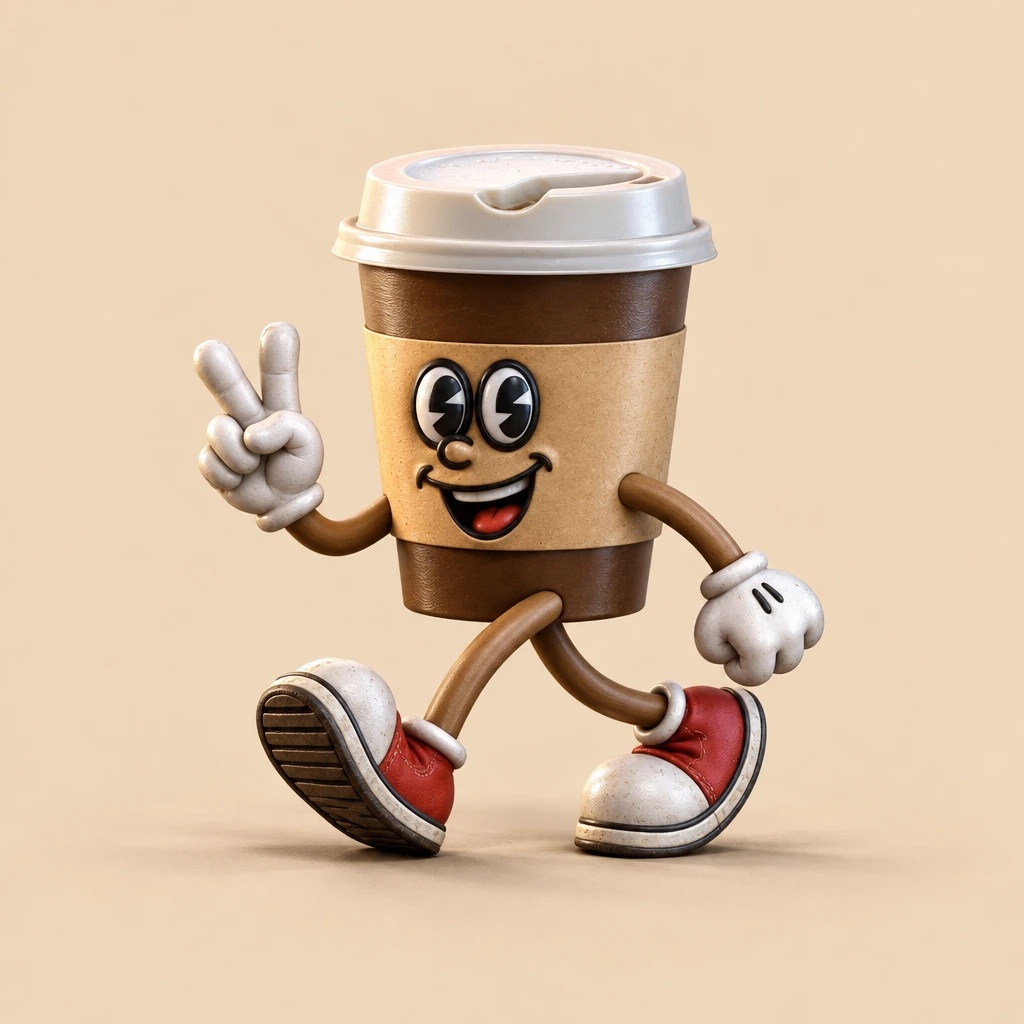 The same coffee cup mascot rendered in 3D
