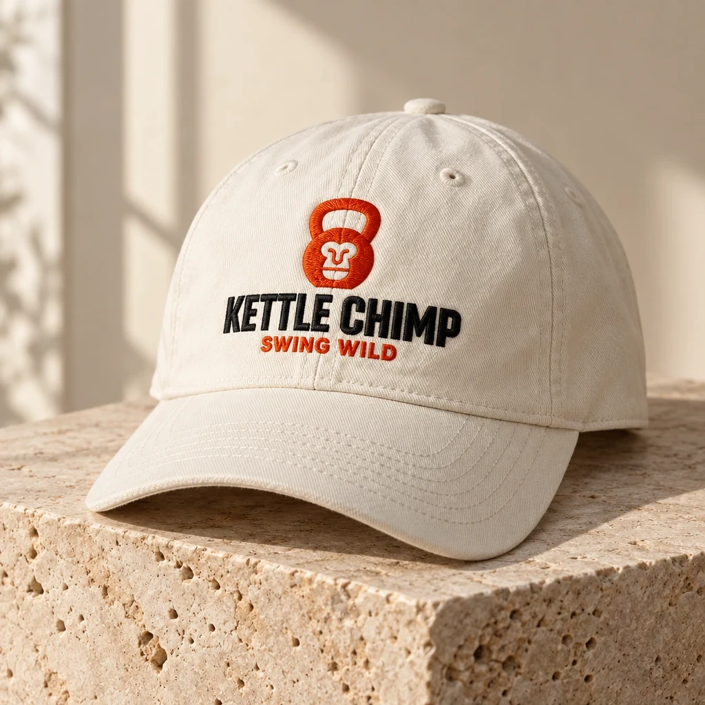 The Kettle Chimp logo embroidered on an off-white cap