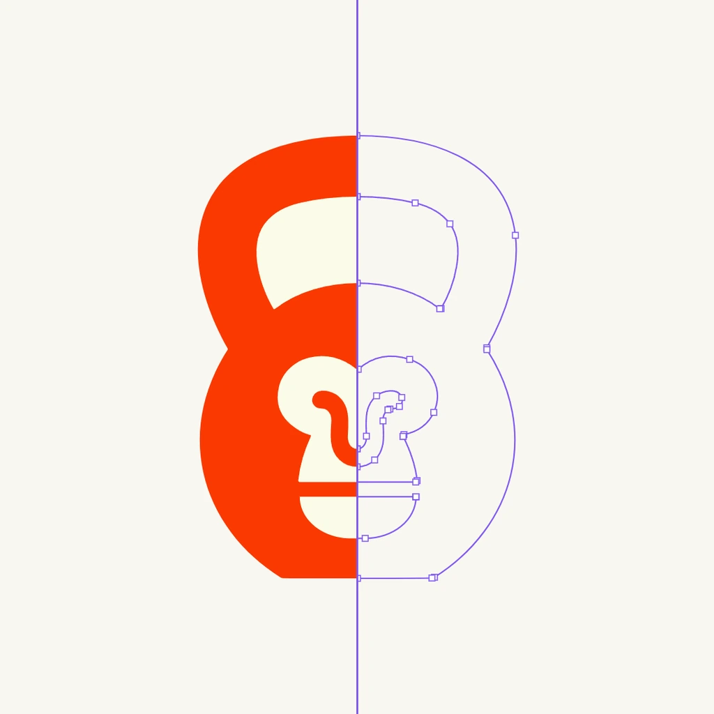 The kettlebell as a layered SVG: filled on the left, its paths and nodes on the right
