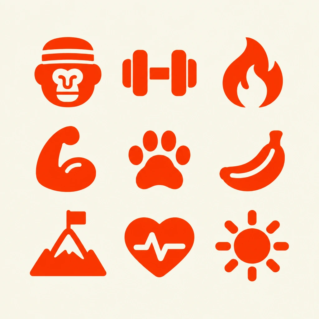 Nine orange gym icons drawn in the logo's style