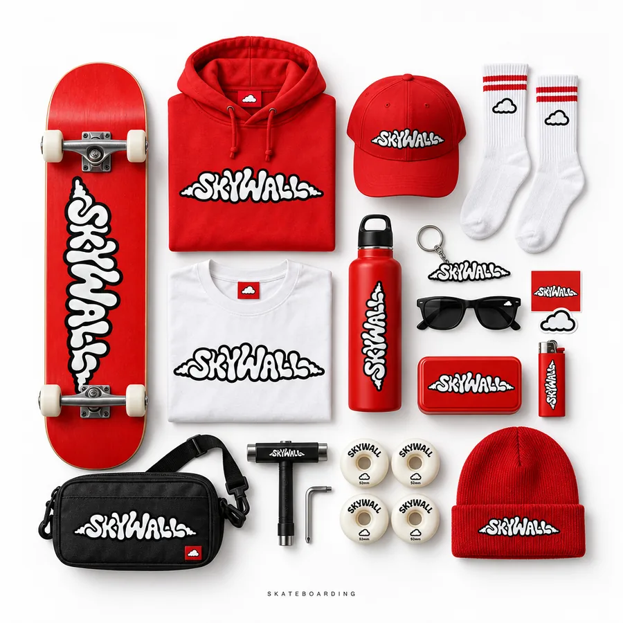 The wordmark on a skate kit: a deck, a hoodie, a cap, socks and a bag
