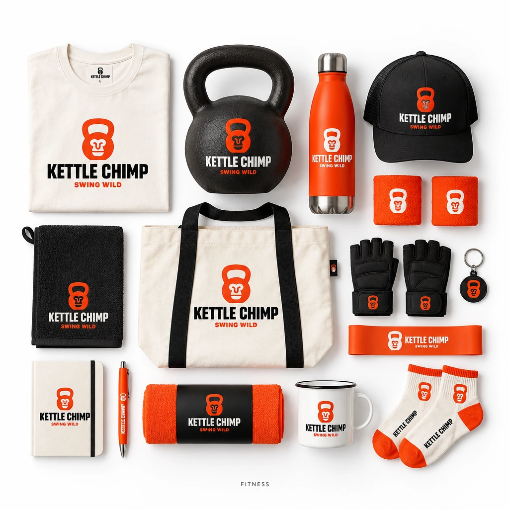 The logo on a set of gym merchandise: a shirt, a kettlebell, a bottle, a cap, a tote, gloves, a towel and socks