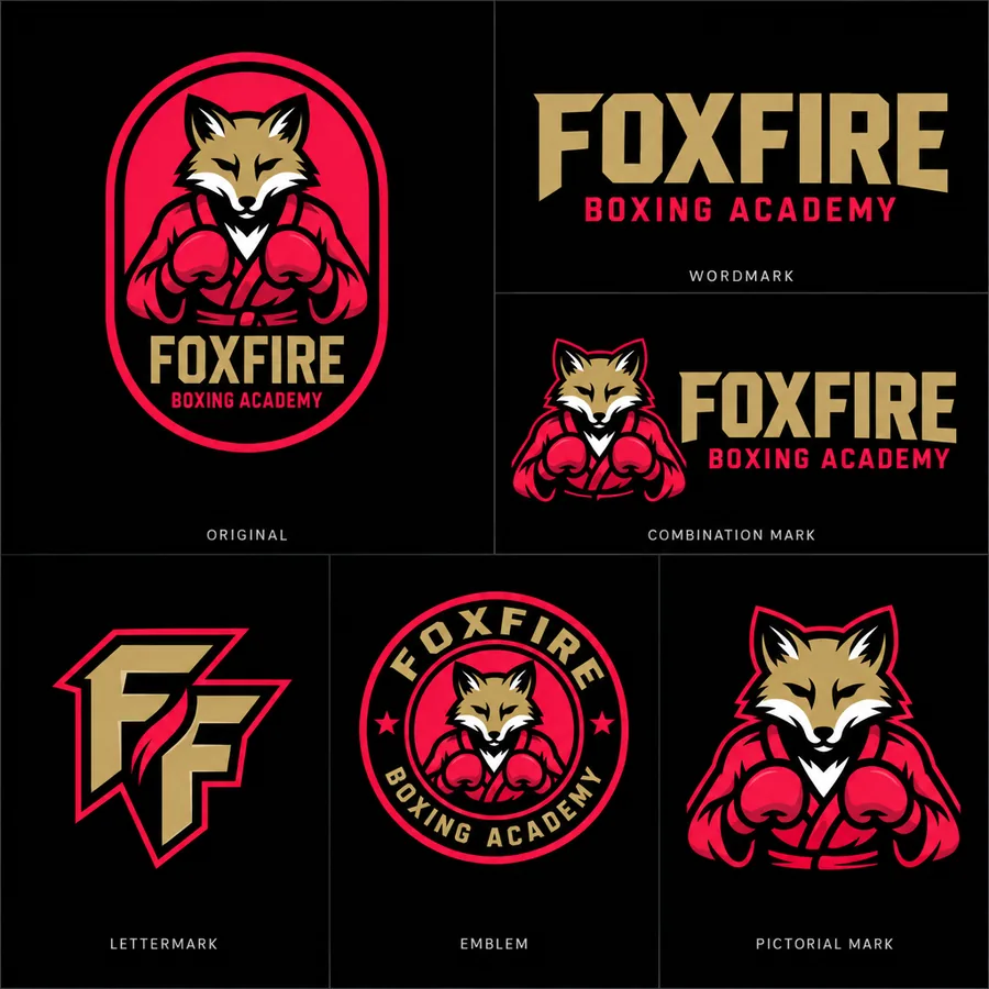 The same badge as a set: original, wordmark, lettermark, emblem and the fox alone