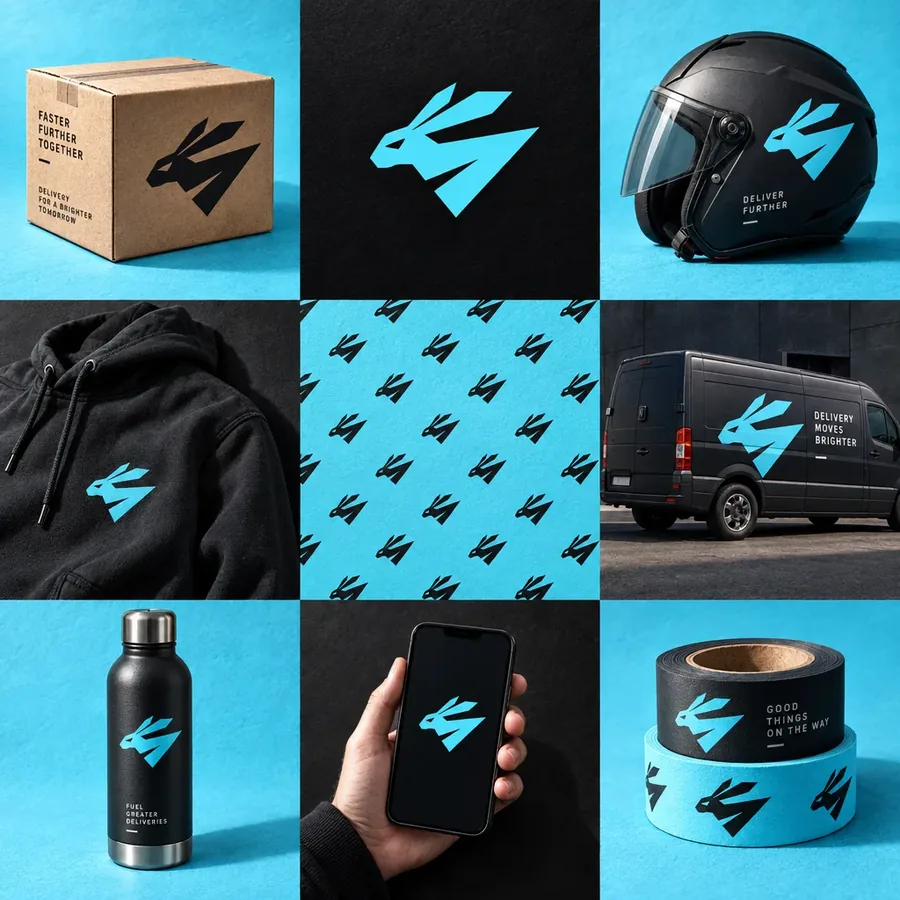 A brand board built from the rabbit logo: packaging, a van, apparel, a pattern and a phone