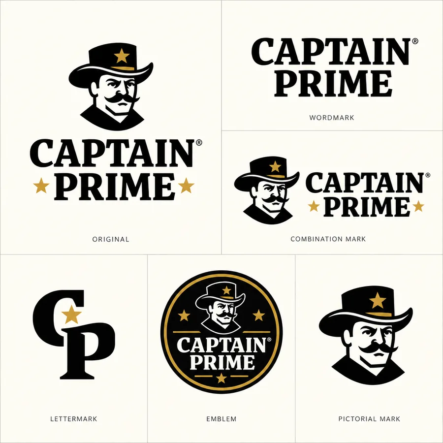 The same logo as a set: original, wordmark, lettermark, emblem and the cowboy alone
