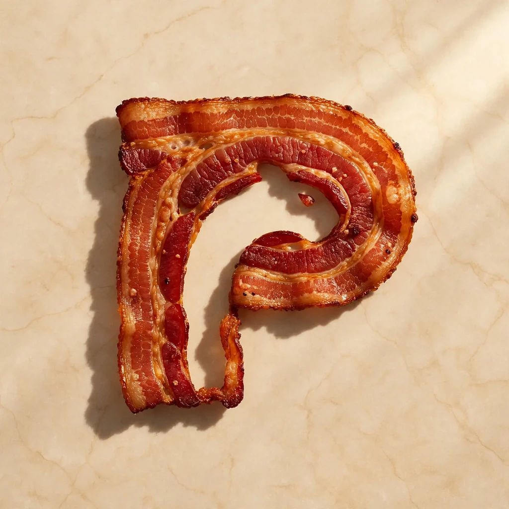 A P monogram with a horse head made as bacon