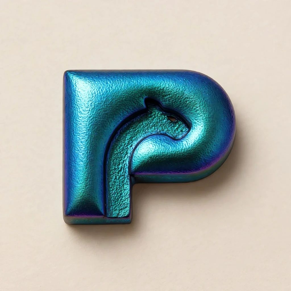 A P monogram with a horse head made as beetle shell