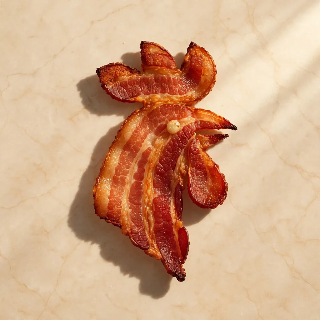 A rooster head made as bacon