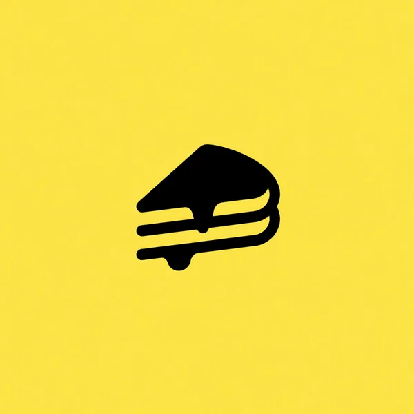 Black pictorial logo of a slice of layered cake with chocolate running down it, on yellow