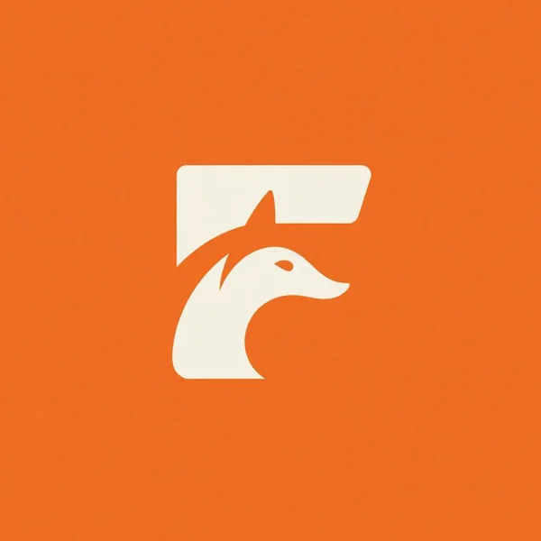 Monogram of a white letter F on orange with a fox head in its negative space