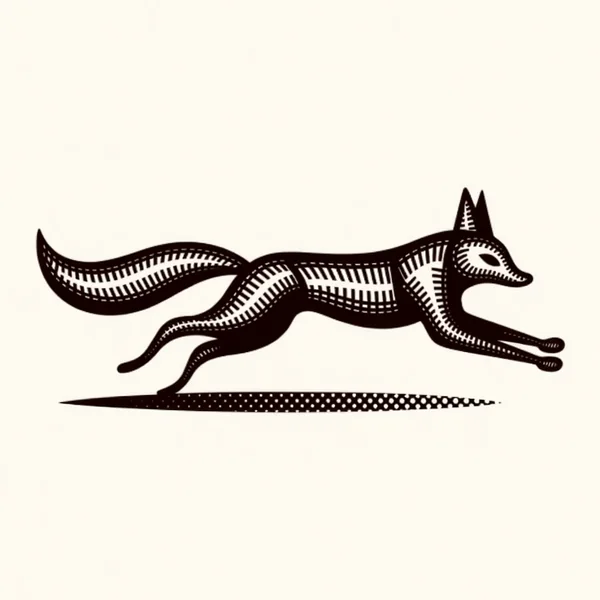 Engraved logo of a running fox with its tail stretched out