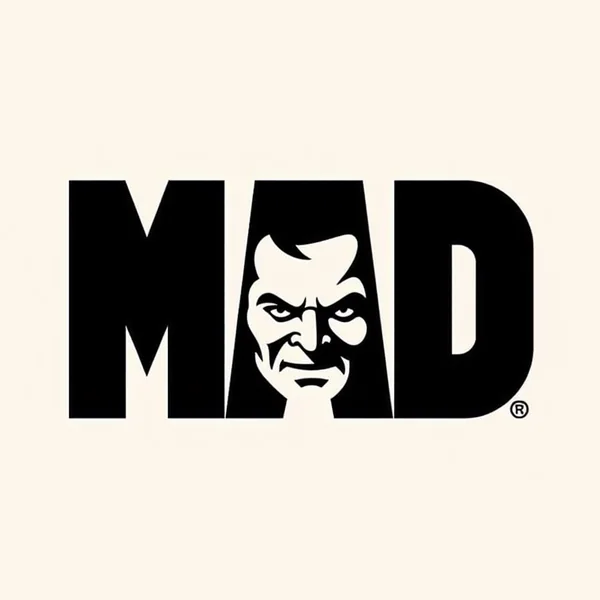Black block letters reading MAD with a scowling face formed inside the A