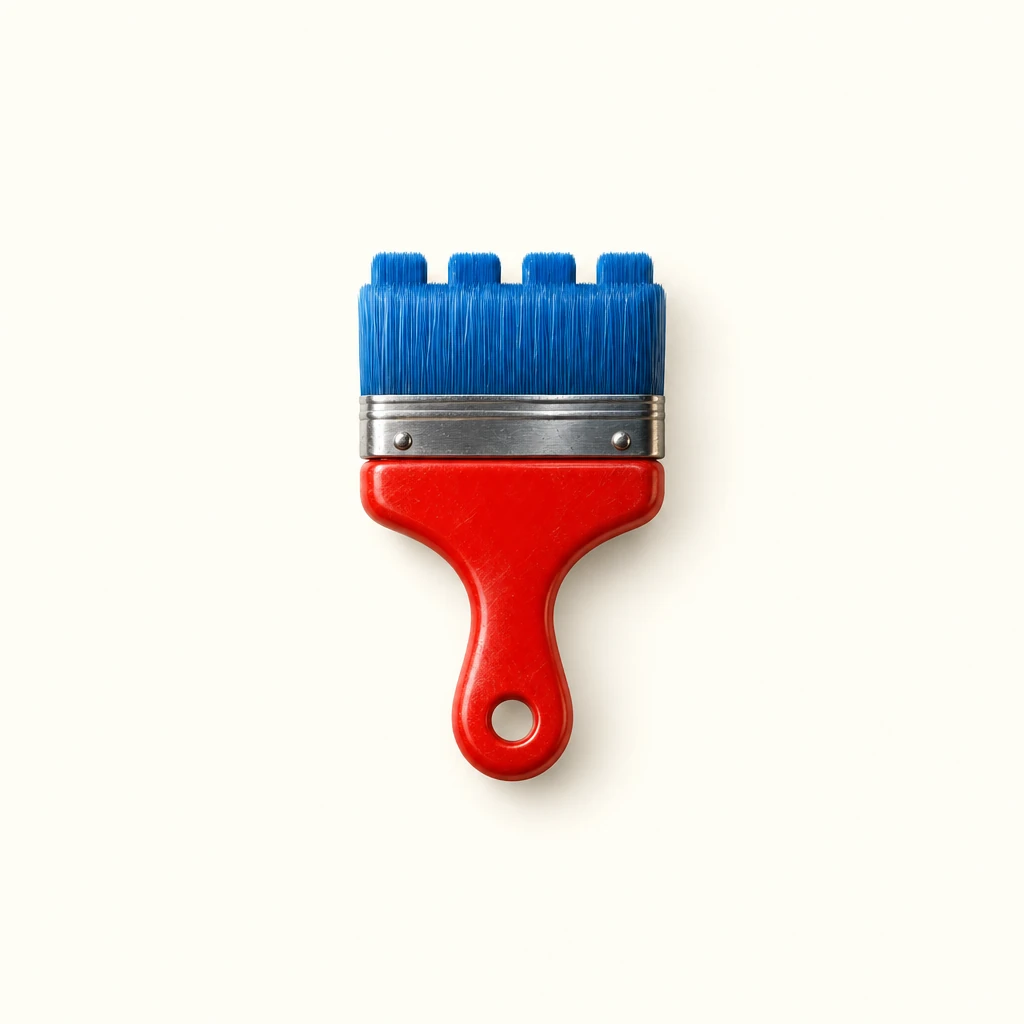 The paint brush icon in 3D: blue bristles, a steel band and a glossy red handle