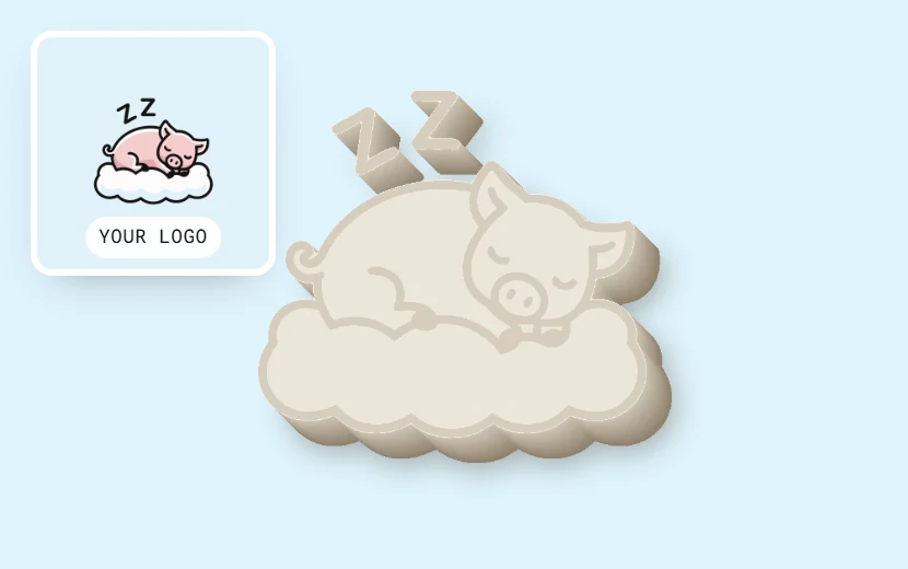 A drawing of the pig logo extruded in one beige color: the outline pushed back into depth, the pink pig and white cloud gone. The flat logo it came from sits in the corner