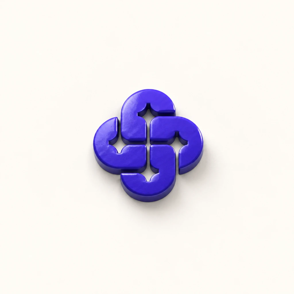 The purple knot logo in 3D: glossy purple loops with a soft shadow on a cream ground