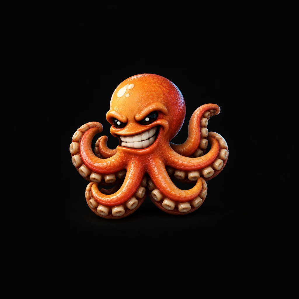 The same octopus in 3D, glossy orange with a silver rim