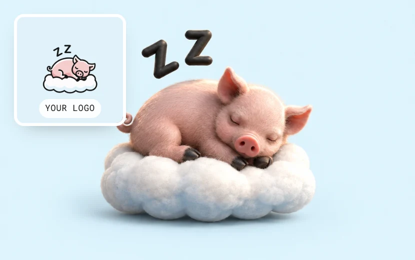The pig as a 3D render: soft pink skin on a fluffy white cloud. The flat logo it was made from sits in the corner