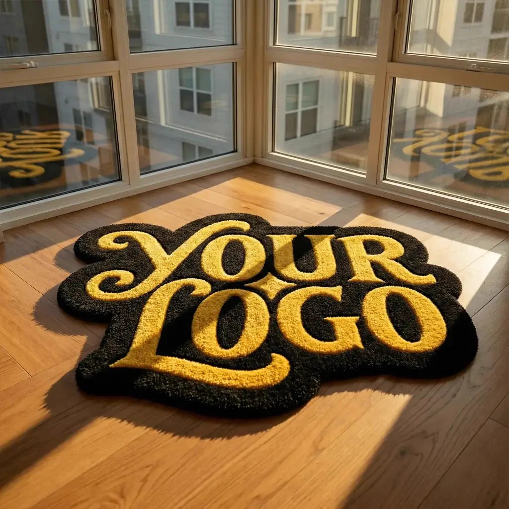 The logo as a tufted rug on a wooden floor by a sunny window