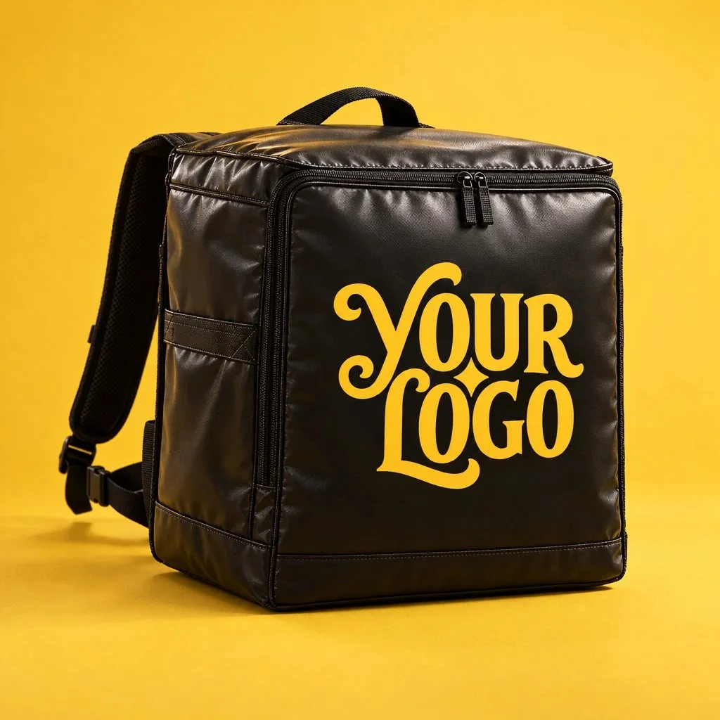 The logo printed on a black insulated food delivery backpack