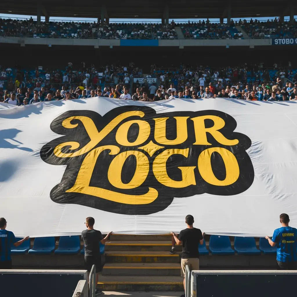 The logo on a giant banner held up by fans in a stadium