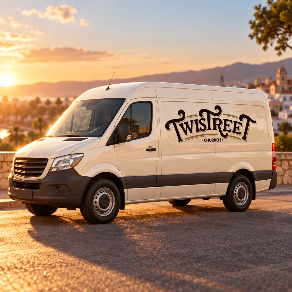 The Twistreet Churros logo painted on the side of a white delivery van at sunset