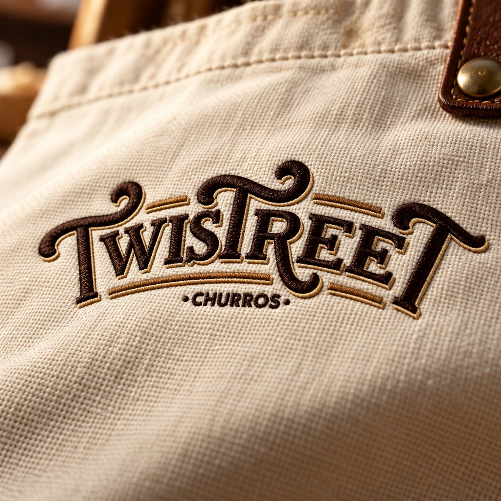 The same logo embroidered on a canvas bag in close-up