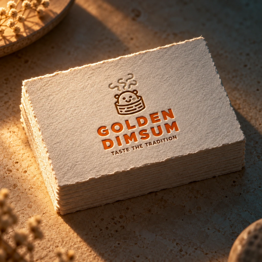 The Golden Dimsum logo letterpressed on a stack of cotton business cards, a warm cinematic key light with soft shadows