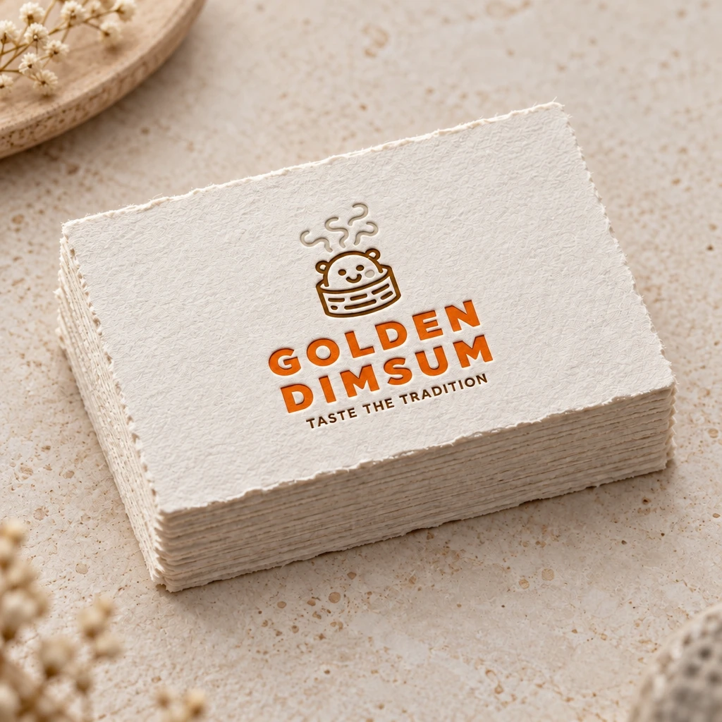 The Golden Dimsum logo letterpressed on a stack of cotton business cards, even neutral standard light