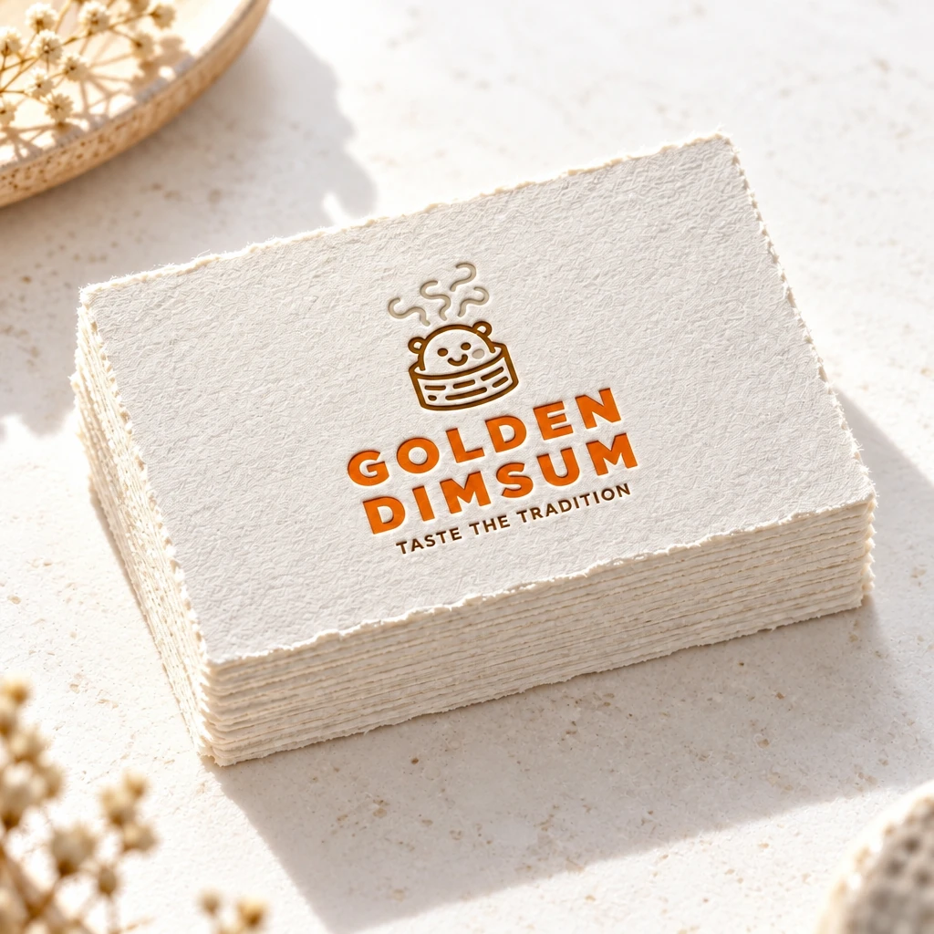 The Golden Dimsum logo letterpressed on a stack of cotton business cards, bright white high key light