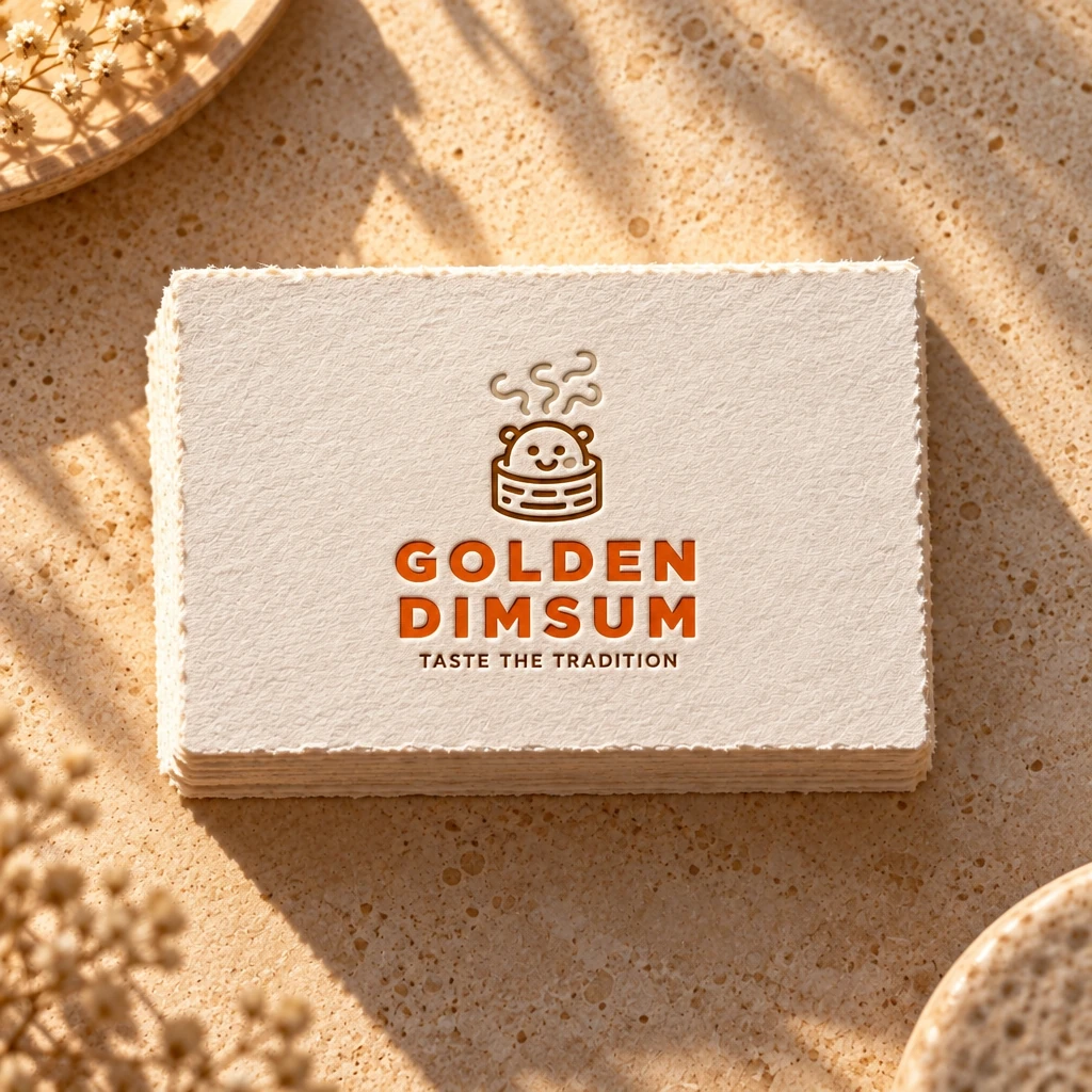 The Golden Dimsum logo letterpressed on a stack of cotton business cards, seen from straight above, the card the same shape