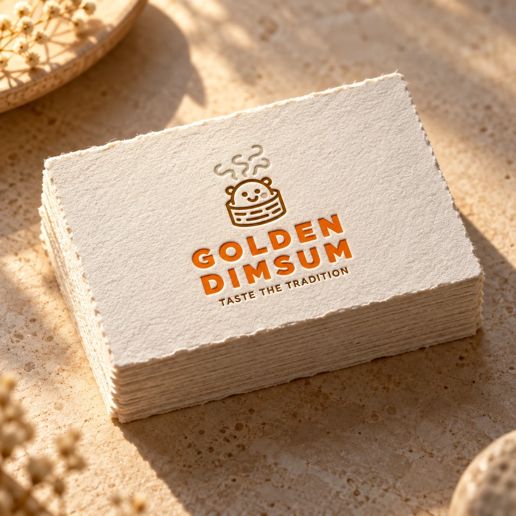 The Golden Dimsum logo letterpressed on a stack of cotton business cards, in sun light