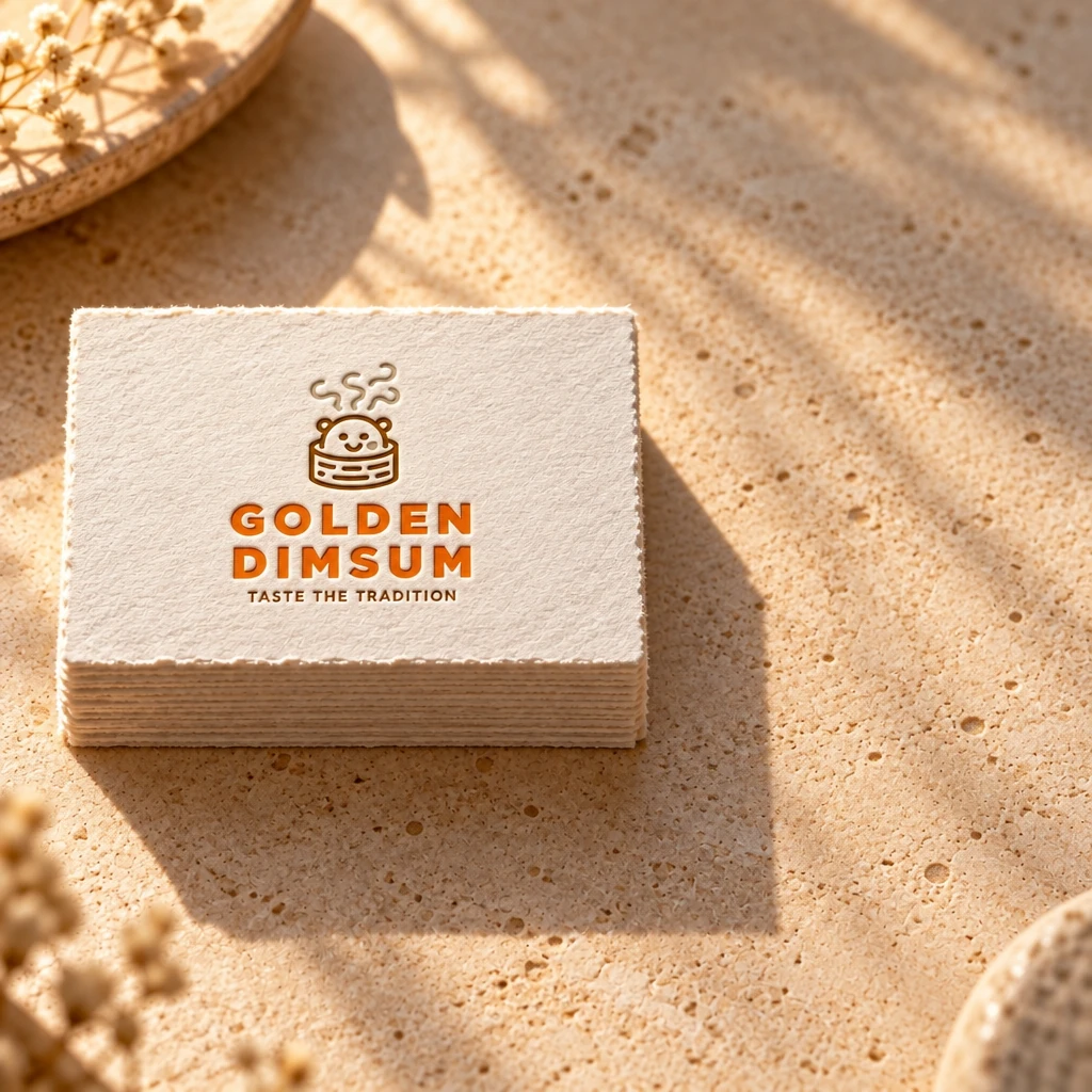 The Golden Dimsum logo letterpressed on a stack of cotton business cards, the stack level on the left third of the frame
