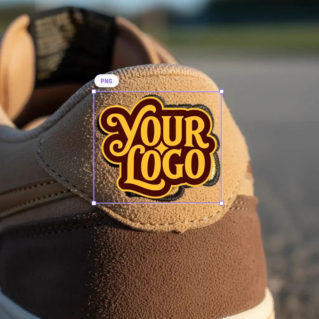 The flat logo pasted on top of the sneaker heel, sitting over the suede