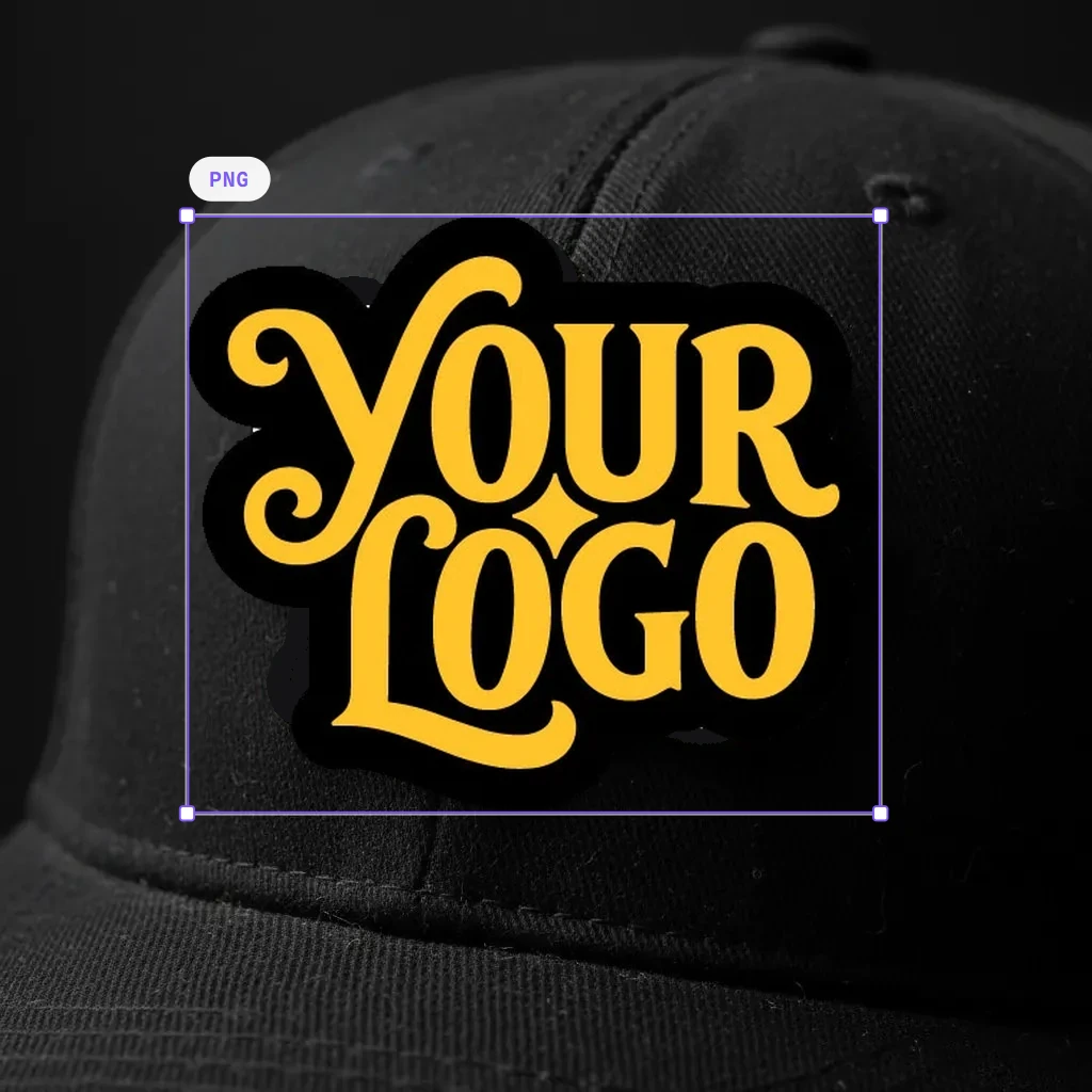 The flat yellow logo pasted on top of the front of a black cap