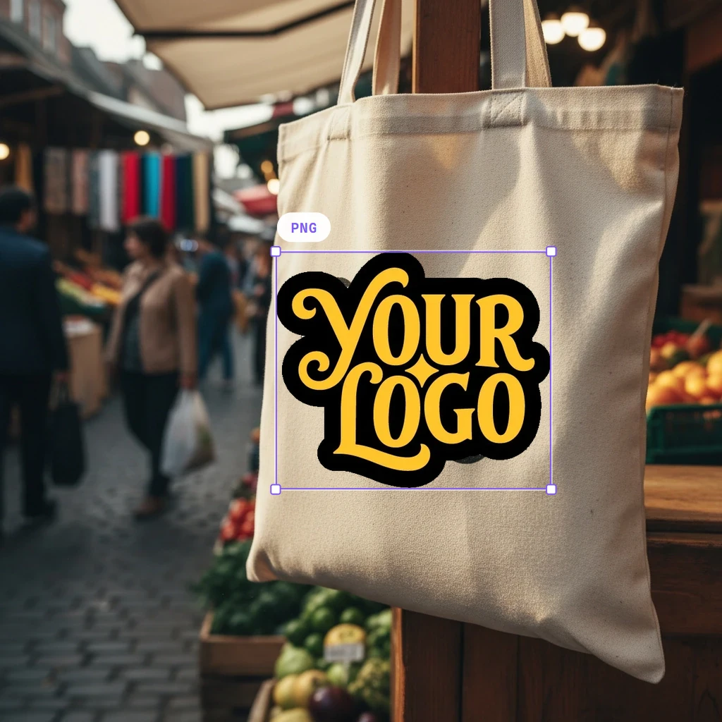 The flat logo with its black outline pasted on top of a canvas tote bag at a market