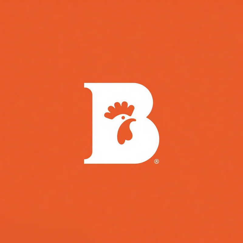 Monogram logo: Uppercase letter B; chicken head silhouette integrated