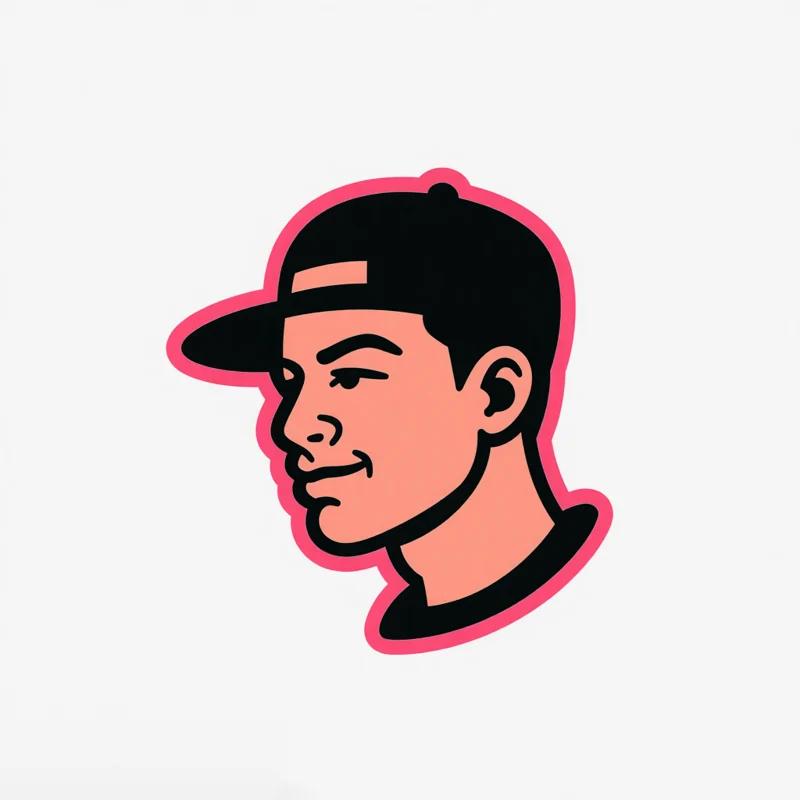 Mascot logo: Youthful man wearing a backwards cap, looking to the side, with a confident smirk, showcasing creative, digital rebel spirit