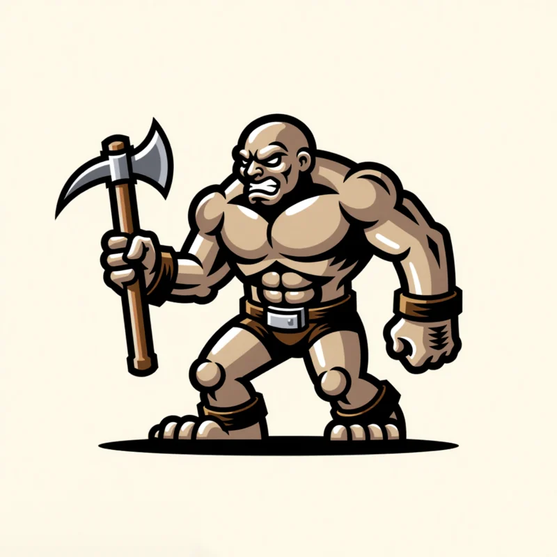 Mascot logo: An angry stone golem wielding a pickaxe, rocky skin with cracks, furrowed brow, stern eyes, looking at viewer, full body
