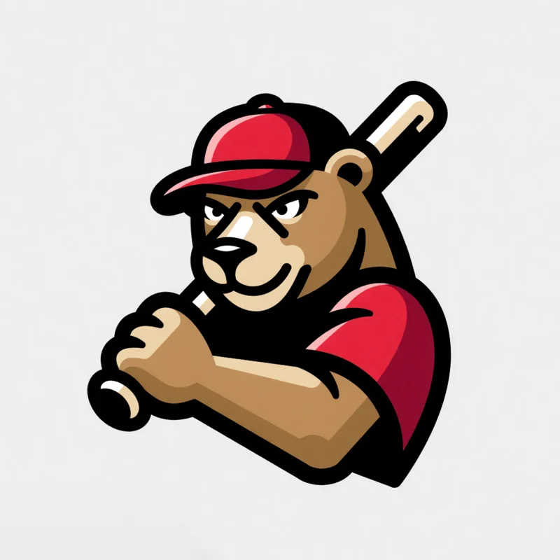 Portrait Mascot logo: Bear mascot logo wearing a red baseball hat and holding a baseball bat, looking at viewer, with a determined expression