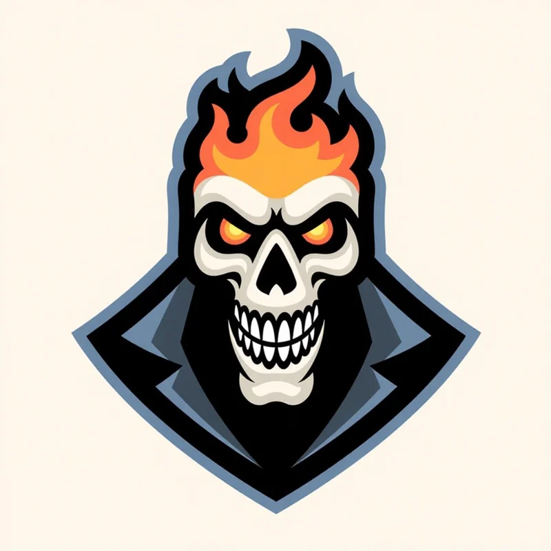 High Mascot logo: A ghostly biker helmet wearing a flaming leather jacket, grinning directly forward with glowing empty eye sockets