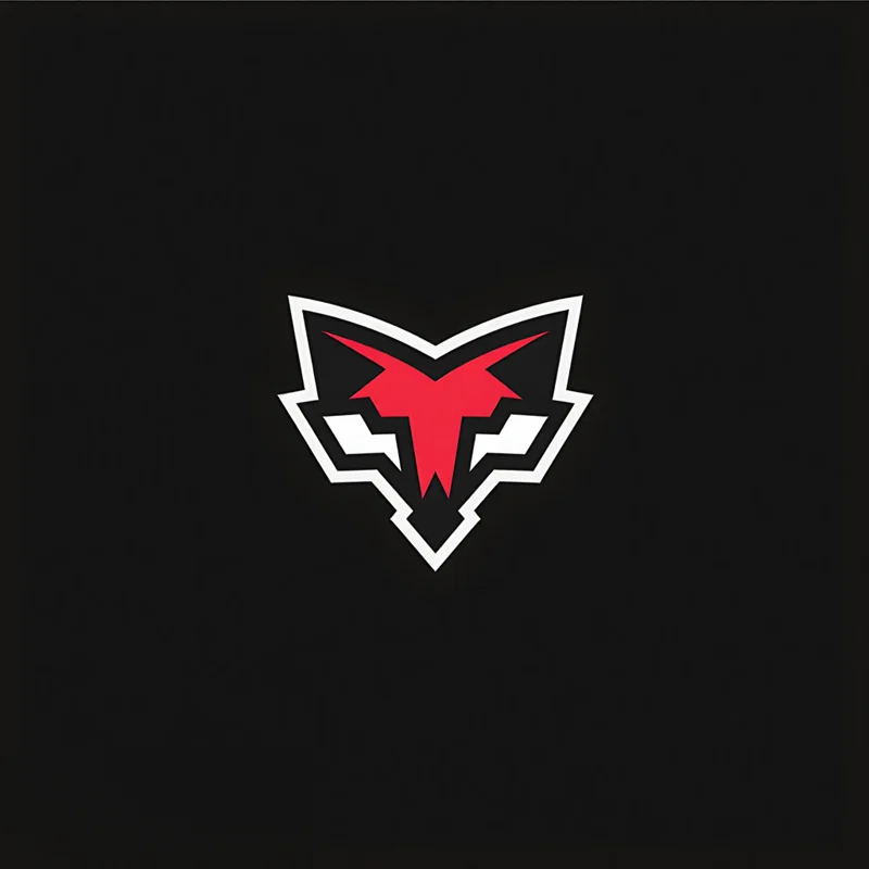 Mascot logo: Stylized fox head logo with sleek lines, fierce expression, and pointy ears, looking forward, with a red and black color theme