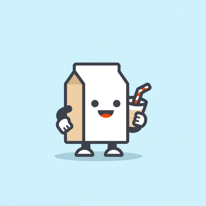 Mascot logo: Smiling milk carton mascot with a straw, holding a glass of milk, looking at viewer