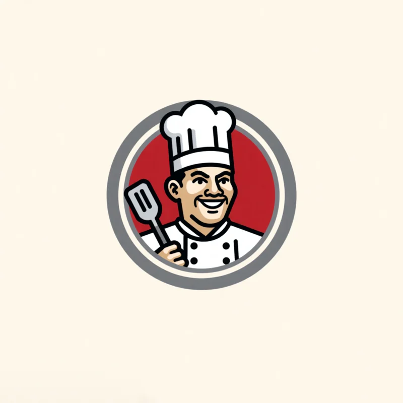 Mascot logo: A chef with a toque holding a spatula, looking forward with a cheerful expression, set against a circular frame