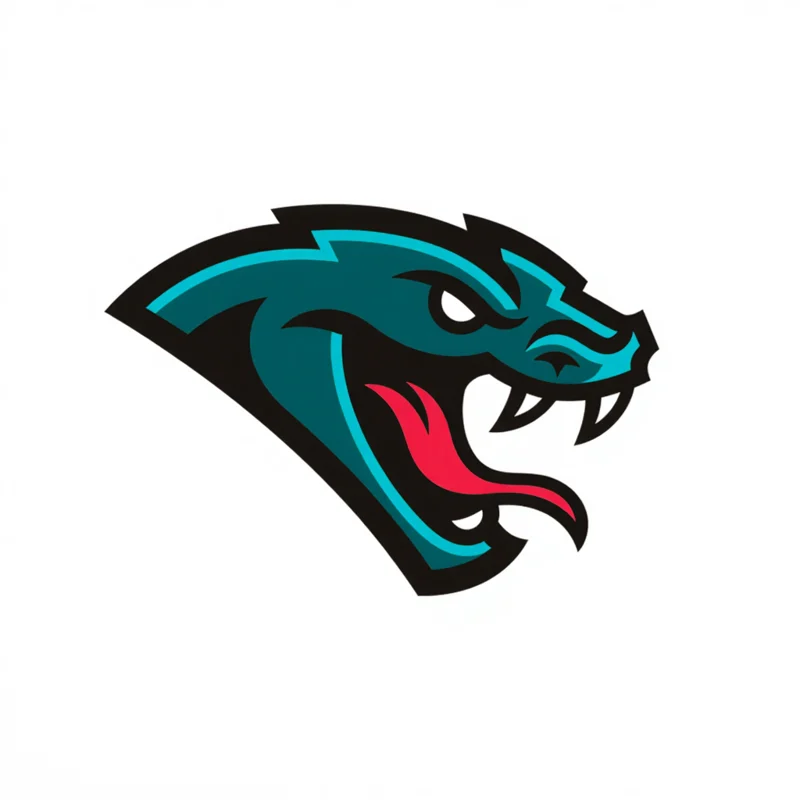 Mascot logo: Menacing snake head logo, evil eyes, sharp teeth, open mouth, tongue out, portrait looking to the side