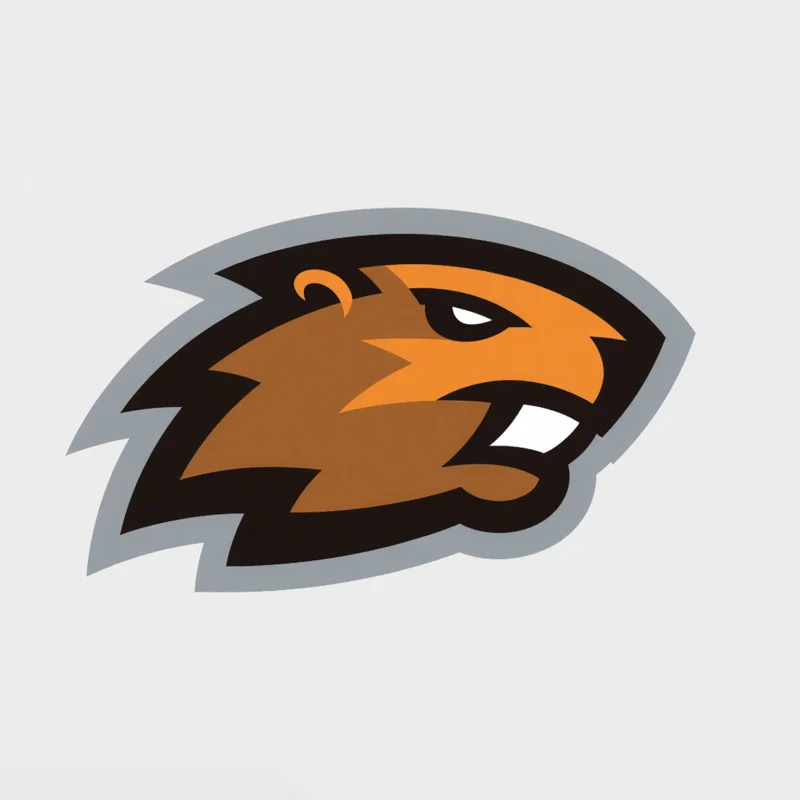Mascot logo: Side view of a beaver head with bold lines, looking to the side showing a fierce expression with sharp teeth, mascot logo