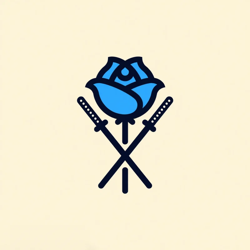 Mascot logo: A blue rose is entwined with crossed katana swords, petals unfurling gently